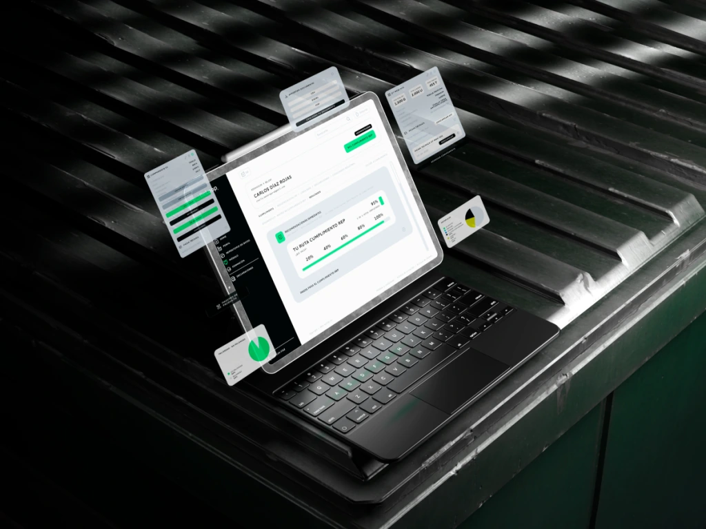 Composición promocional de la plataforma BeLoop en un computador portátil con paneles de cumplimiento REP
