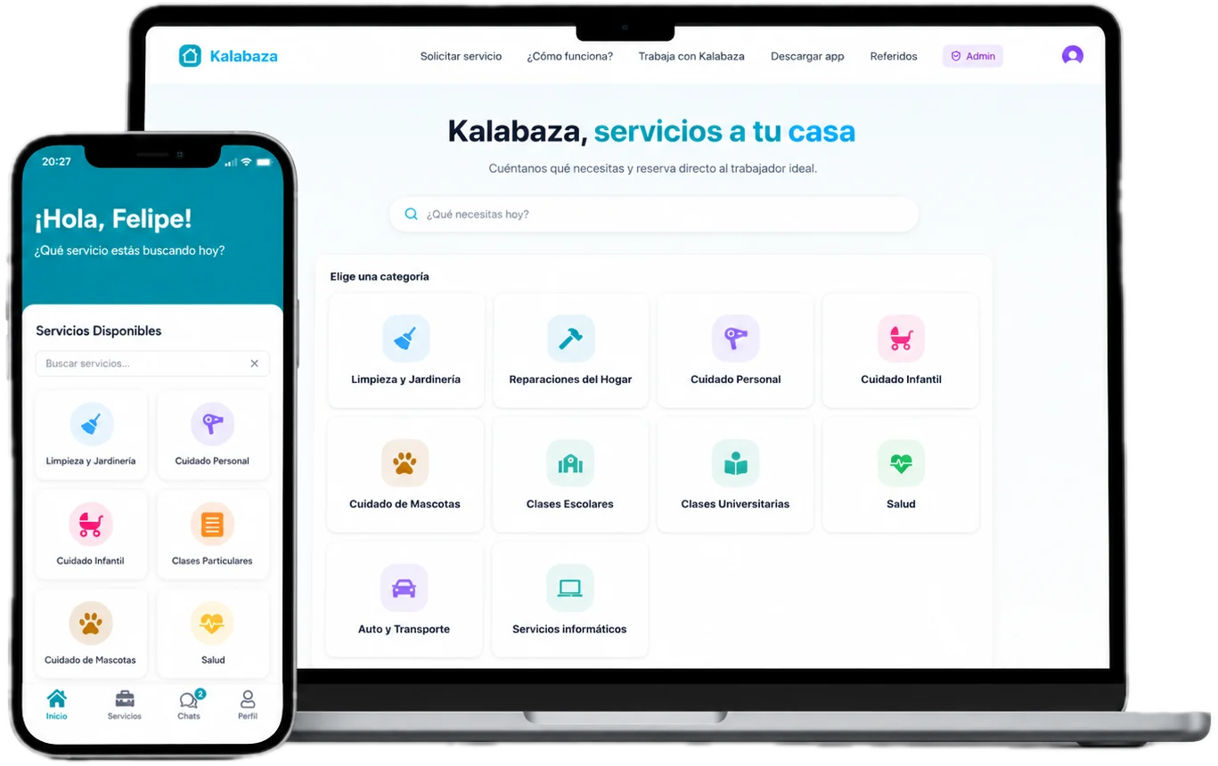 App de Kalabaza en un teléfono y su web en un computador, con categorías de servicios para el hogar.