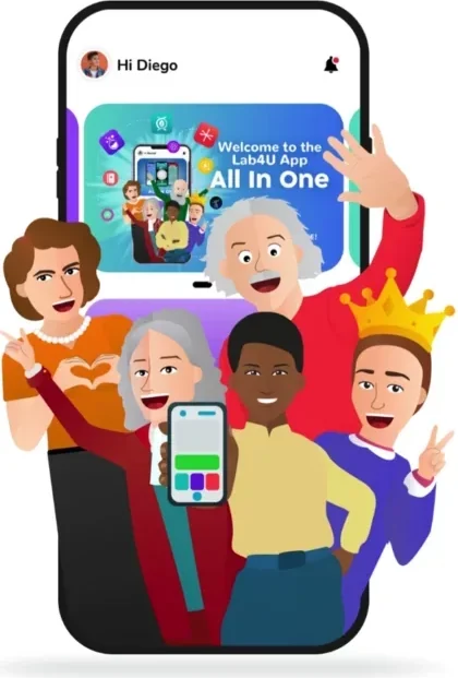 Visual de Lab4U All in One: un teléfono con personajes ilustrados de científicos alrededor de la app.