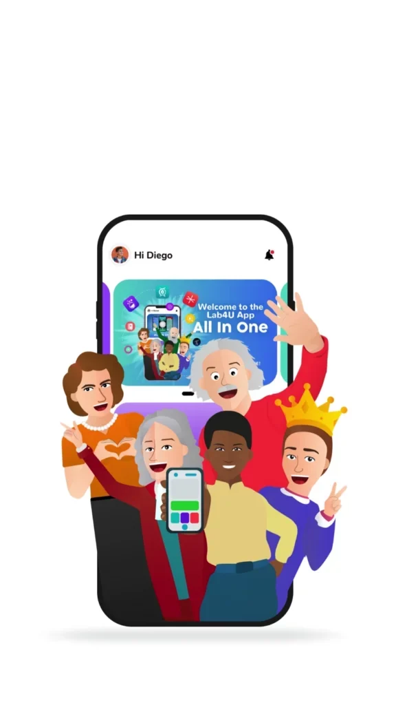 Visual de Lab4U All in One: un teléfono con personajes ilustrados de científicos alrededor de la app.