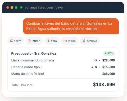 Ejemplo público de Obra Maestra que convierte una descripción de gasfitería en un presupuesto de materiales y mano de obra